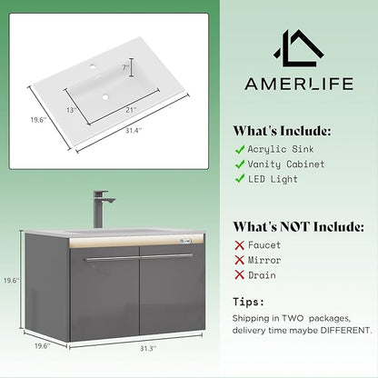 AMERLIFE 31" LED Floating Bathroom Vanity with Single Sink, Modern High Gloss Wall Mounted Bathroom Storage Cabinet with Metal Handles, Gray