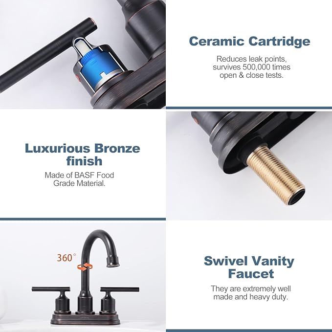 WOWOW Bronze Bathroom Faucet: Centerset, 3 Hole with Drain Stopper, Supply Hoses, 2 Handle, 360 Swivel Spout