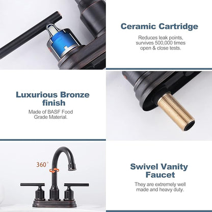 WOWOW Bronze Bathroom Faucet: Centerset, 3 Hole with Drain Stopper, Supply Hoses, 2 Handle, 360 Swivel Spout