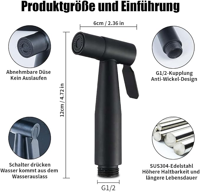 Handheld Bidet Sprayer for Toilet, Stainless Steel Bidet Head for Cloth Diaper, Pet Shower, Personal Hygiene Cleaning, G1/2 Hose Connectors (Black)
