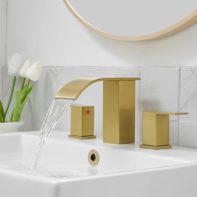 RUMOSE 8 inch Bathroom Faucets Set Brushed Gold Bathroom Sink Faucet 3 Hole with Pop Up Drain Widespread 2 Handles Stainless Steel Lavatory Vanity Faucet Waterfall Spout Deck Mounted