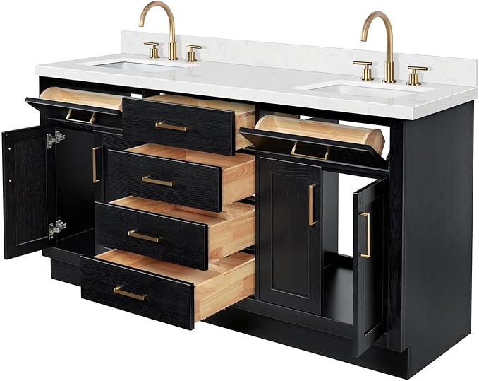 ARIEL Hepburn 66-inch Bathroom Vanity with Sink,Solid Wood, 1.5-inch Carrara White Quartz Countertop, Double Rectangular Porcelain Sink, 4 Soft Closing Doors, 6 Dovetail Drawers, Black Oak