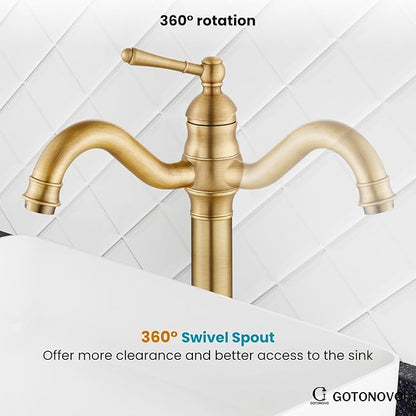 gotonovo Vessel Sink Faucet 360° Swivel Spout Single Handle Tall Bathroom Faucet 1 Hole Farmhouse Lavatory Washbasin Mixer Tap Matching Supply Hoses, with Pop Up Drain, Antique Brass