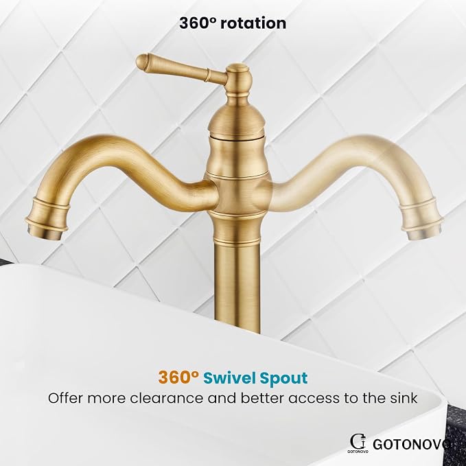 gotonovo Vintage Bathroom Vessel Sink Faucet, Antique Brass, No Drain | Tall Bathroom Faucet 1 Hole Single Handle, 360° Swivel Spout, cUPC Water Lines, Lead-Free, for Farmhouse Vanity Washbasin RV