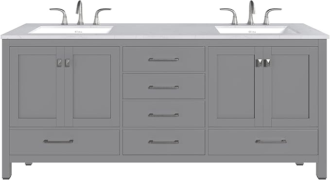 Eviva Aberdeen 78 inch Gray Transitional Double Sink Bathroom Vanity with White Carrara Quartz Countertop and Undermount Porcelain Sinks