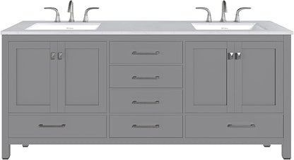 Eviva Aberdeen 78 inch Gray Transitional Double Sink Bathroom Vanity with White Carrara Quartz Countertop and Undermount Porcelain Sinks