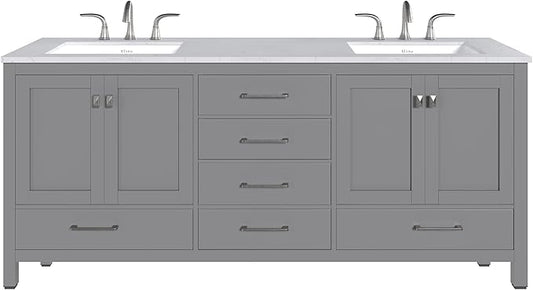 Eviva Aberdeen 78 inch Gray Transitional Double Sink Bathroom Vanity with White Carrara Quartz Countertop and Undermount Porcelain Sinks