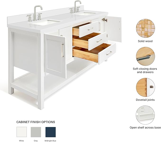 ARIEL Magnolia 72-inch Bathroom Vanity with Sink,Solid Wood, 1.5-inch Pure White Quartz Countertop & Backsplash, Double Rectangular Porcelain Sink, 4 Soft Closing Doors, 3 Dovetail Drawers, White