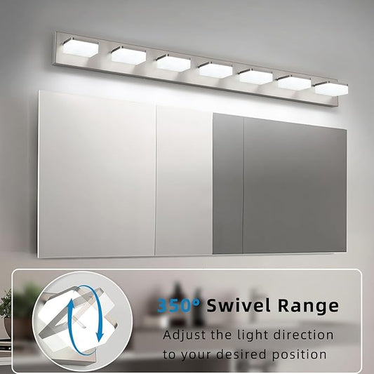 7-Light Bathroom Vanity Light Fixture Over Mirror, Nickel LED Vanity Lighting Fixtures, 45.67 inch Modern Bathroom Wall Light Fixtures with Rotating Lamp Head