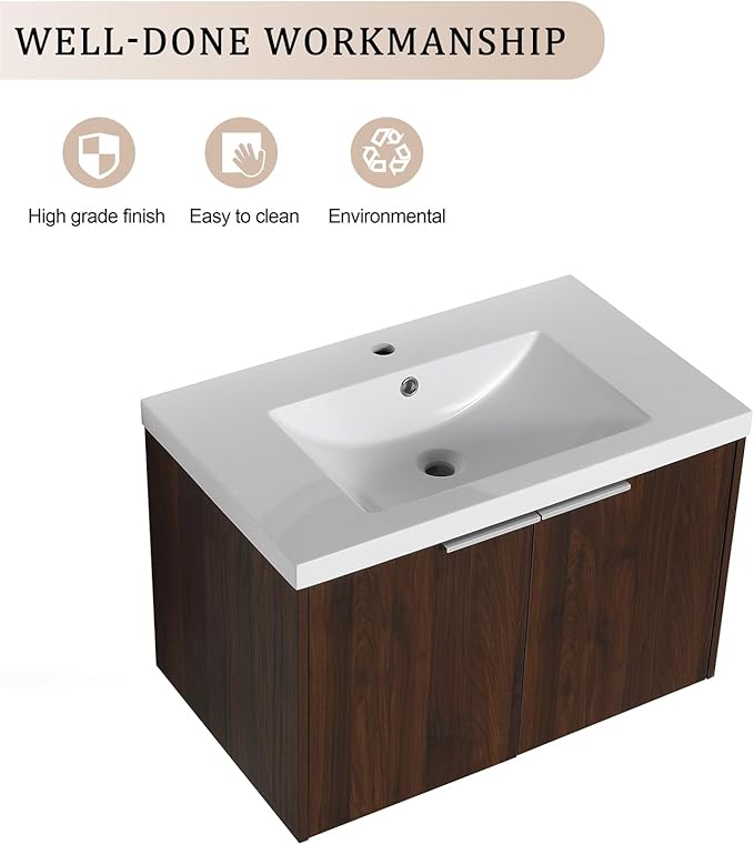 30in Wall Mount Bathroom Vanity w/Sink Combo for Home, Resin Countertop Double Doors Modern Bathroom Vanity Cabinet for Company, Floating Walnut Bathroom Vanity and Sink Set w/Silver Handle