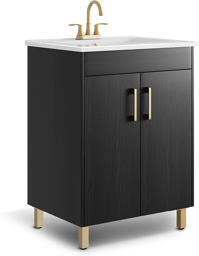 24 Inch Fully Pre-Assembled Black Bathroom Vanity with Single Ceramic Countertop Sink Combo, 2 Soft Close Doors Bathroom Cabinet Set, Faucet Not Included, BV01-BLACK-JH