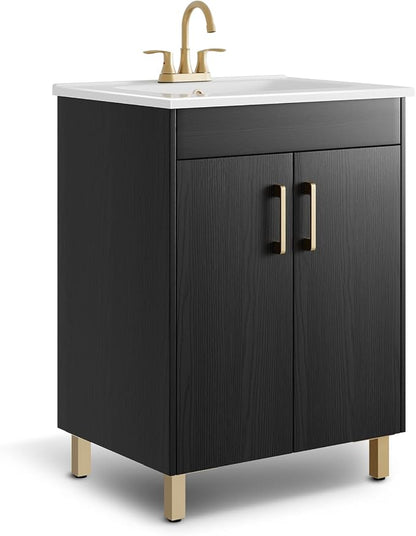 24 Inch Fully Pre-Assembled Black Bathroom Vanity with Single Ceramic Countertop Sink Combo, 2 Soft Close Doors Bathroom Cabinet Set, Faucet Not Included, BV01-BLACK-JH