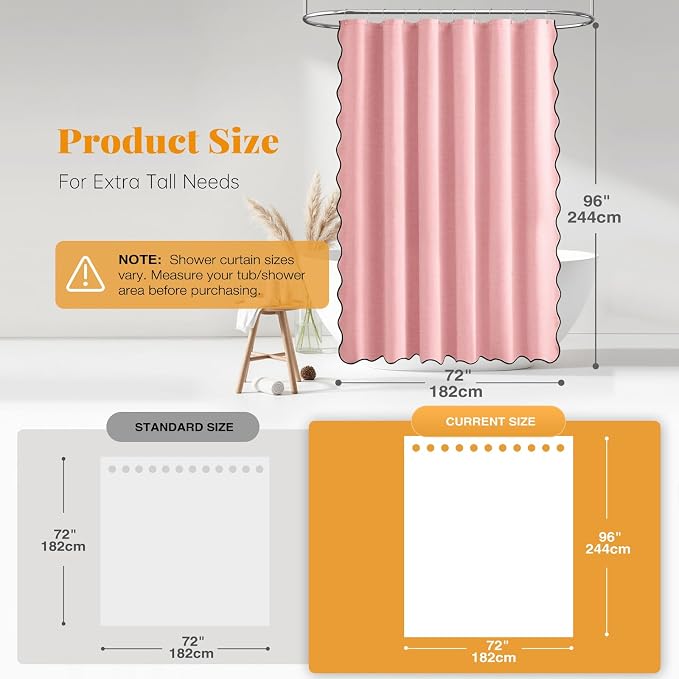 BTTN Extra Long Boho Scalloped Linen Textured Shower Curtain, 72x96, Pink | Extra Tall Size, 230GSM Waterproof Polyester, Heavy Duty Fabric, 12 Plastic Hooks, Elegant Farmhouse Style, Machine Washable