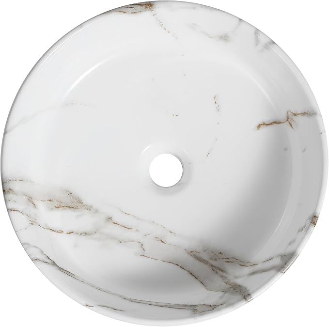 JONATHAN Y SNK1006C 14.75" Round Bathroom Vessel Sink, Modern White Marble Finish Ceramic Above Counter Sink Bowl with Ribbed Exterior, Art Deco Designer Vanity Basin for Powder Rooms