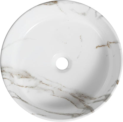 JONATHAN Y SNK1006C 14.75" Round Bathroom Vessel Sink, Modern White Marble Finish Ceramic Above Counter Sink Bowl with Ribbed Exterior, Art Deco Designer Vanity Basin for Powder Rooms