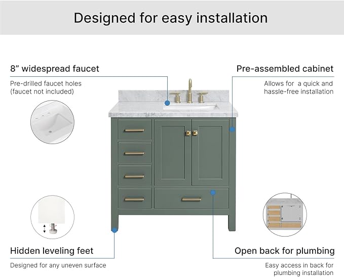 ARIEL Cambridge 36-inch Bathroom Vanity with Sink,Solid Wood, 1.5-inch Italian Carrara Marble Countertop, Single Rectangular Porcelain Sink, 2 Soft Closing Doors, 5 Dovetail Drawers, Vintage Green