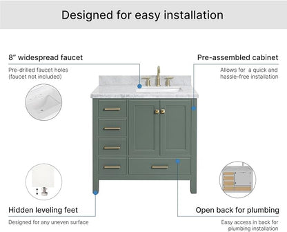 ARIEL Cambridge 36-inch Bathroom Vanity with Sink,Solid Wood, 1.5-inch Italian Carrara Marble Countertop, Single Rectangular Porcelain Sink, 2 Soft Closing Doors, 5 Dovetail Drawers, Vintage Green
