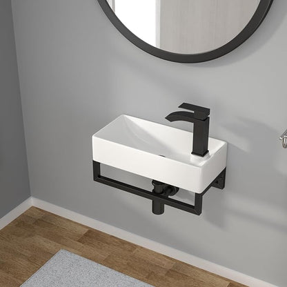 Wall Mount Sink Small - 17" x 9" Floating Bathroom Sink Rectangle White Porcelain Ceramic Right Hand Sink with Towel Rack