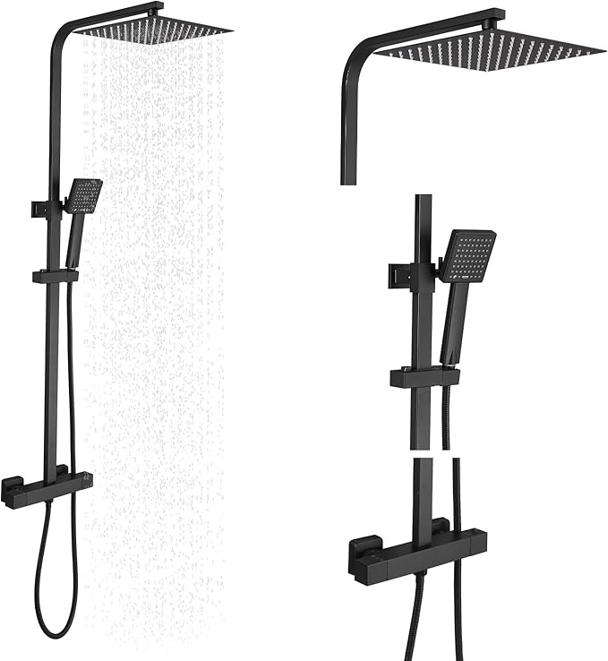 BWE Black Outdoor Shower Fixtures 10 Inch Rain Shower Head with Handheld Spray Dual Functions Exposed Shower System Wall Mount Outdoor Shower Kit for Bathroom or Backyard