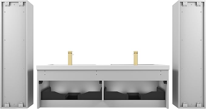 Blossom 60 Inch Double Sink Bathroom Vanity with Side Cabinets, All Wood Wall Mounted Floating Bathroom Vanity Cabinet with Acrylic Sink, Soft-Close Drawers, Bathroom Vanities, Light Grey