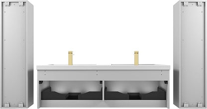 Blossom 60 Inch Double Sink Bathroom Vanity with Side Cabinets, All Wood Wall Mounted Floating Bathroom Vanity Cabinet with Acrylic Sink, Soft-Close Drawers, Bathroom Vanities, Light Grey