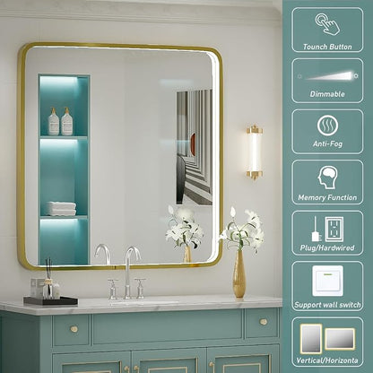 36X36 Inch LED Gold Frame Bathroom Mirror, ETL Listed | Anti-Fog,3 Color 3000K/4500K/6000K Dimmable,Horizontal & Vertical,Wall Mounted,Memory Function