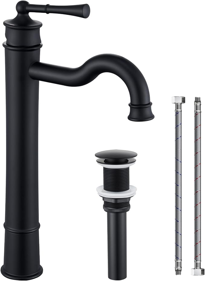 Vessel Sink Faucet Matte Black Bathroom Tall Faucet Single Hole Deck-Mount Pop up Drain Assembly Without Overflow Water Supply Lines Included