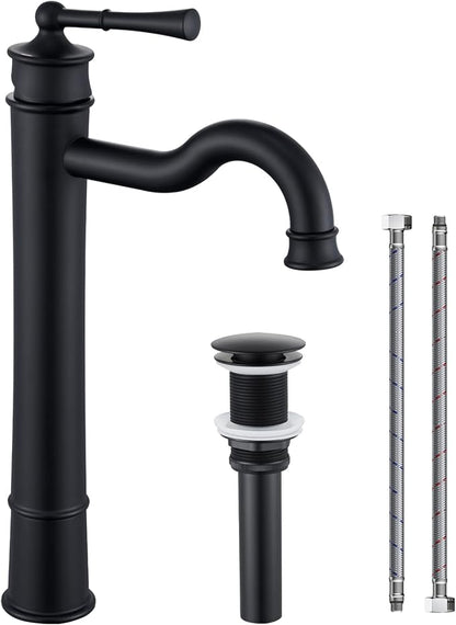 Vessel Sink Faucet Matte Black Bathroom Tall Faucet Single Hole Deck-Mount Pop up Drain Assembly Without Overflow Water Supply Lines Included