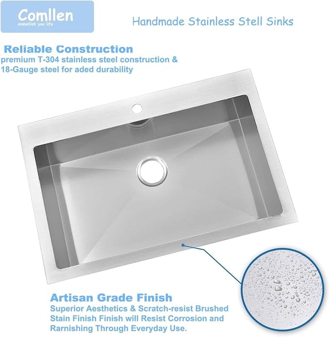 Comllen 28 inch Drop in Kitchen Sink, 28x18 inch Topmount Stainless Steel Sink, 18 Gauge T304 Single Bowl Kitchen With Strainer