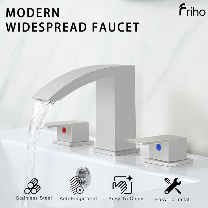 Friho Widespread Bathroom Sink Faucet 3 Hole Brushed Nickel, 2 Handles Waterfall Bathroom Faucet with Pop Up Drain and Supply Lines, FRDC17808L
