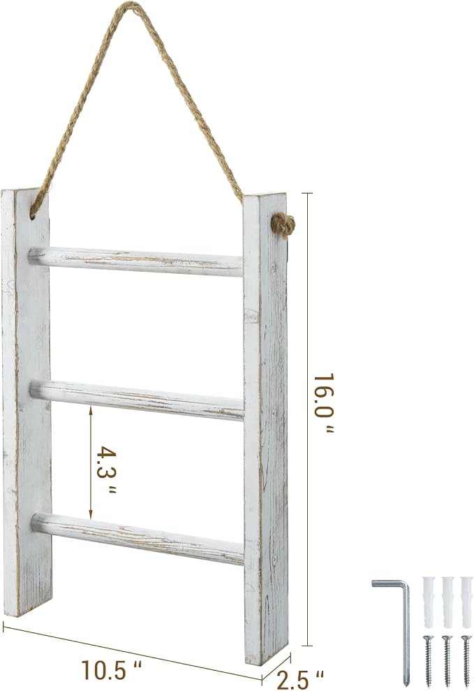 MyGift Rustic Hand Towel Holder, Whitewashed Solid Wood Farmhouse Bathroom Decor, Small Blanket Ladder for Home Decor, Wall Mounted Towel Rack for Shabby Chic Decor | Solid Wood Craftsmanship, Charming Ladder Design, Space Saving Mount, Cozy Cottage Ac...