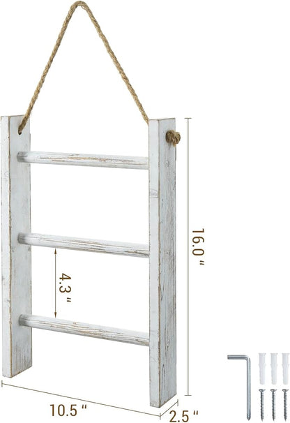 MyGift Rustic Hand Towel Holder, Whitewashed Solid Wood Farmhouse Bathroom Decor, Small Blanket Ladder for Home Decor, Wall Mounted Towel Rack for Shabby Chic Decor | Solid Wood Craftsmanship, Charming Ladder Design, Space Saving Mount, Cozy Cottage Ac...