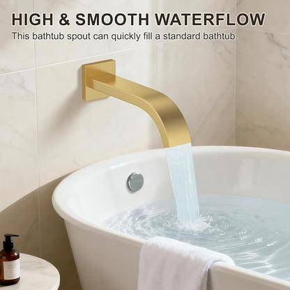 Brushed Gold Shower System with Tub Spout, Ceiling Mounted Bathtub Shower Faucet Set, 12" Rainfall Shower Head and Handheld Shower Combo, High Pressure Shower Fixtures Set with Rough-in Valve