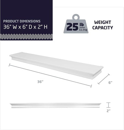 HIGH & MIGHTY 515666 Decorative 36" Floating Shelf Holds up to 25lbs, Easy Tool-Free Dry Wall Installation, Beveled, eCommerce Packaging, White