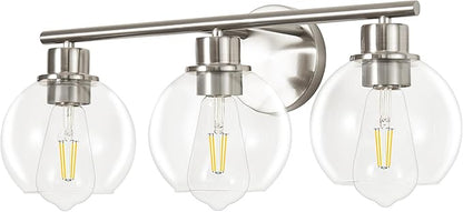 Bathroom Light Fixtures Over Mirror 3-Lights Bathroom Vanity Light with Clear Globe Glass Shade 22 inch Modern Brushed Nickel Vanity Lights Wall Sconce Lighting for Bath