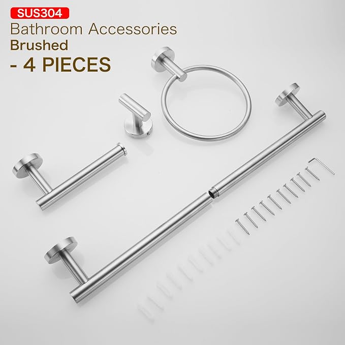 Bathroom Hardware Accessories Set, Brushed Nickel, 24 Inches, 4-Pieces | Towel Rack Set, Round Bathroom Set, Wall-Mounted, SUS304 Stainless Steel, Towel Ring, Hooks, Toilet Paper Holder