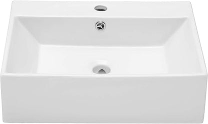 Wall Mounted Bathroom Vessel Sink | Beslend 20''x18'' Rectangle White Porcelain Ceramic Vessel Sink Floating Art Basin with Faucet Hole and Overflow