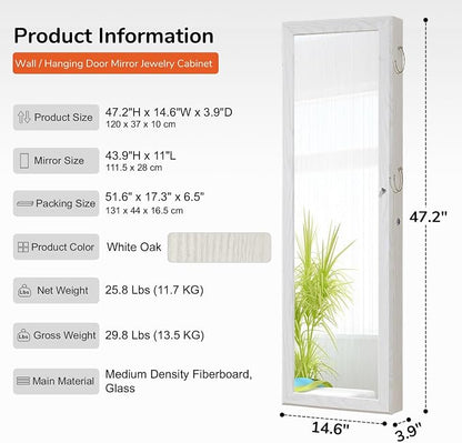GISSAR Jewelry Mirror Armoire Wall Mount Over The Door Mirror Jewelry Cabinet Storage Mirror Organizer Lockable Full Length Door Mirror(White Oak)