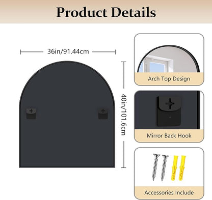 COFENY Black Arch Mirror, 36”x40” Black Mirror for Bathroom, Wide Arched Bathroom Mirror with Metal Frame, Wall Mounted Mirror for Bedroom Living Room Entryway Modern