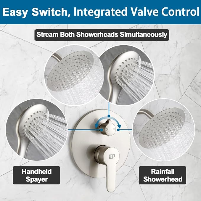 Shower Faucet Set Brushed Nickel 8 Inch Rain Shower Head and Handle Set Bathroom Rainfall Shower System Wall Mounted Shower Fixture Include Shower Valve and Trim Kit