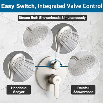 Shower Faucet Set Brushed Nickel 8 Inch Rain Shower Head and Handle Set Bathroom Rainfall Shower System Wall Mounted Shower Fixture Include Shower Valve and Trim Kit