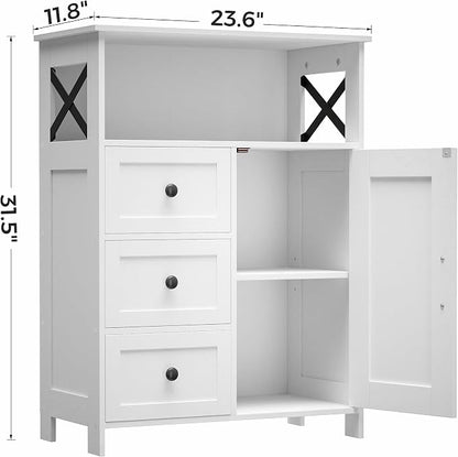 Homhedy Bathroom Storage Cabinet with 3 Drawers, Toilet Paper Cabinet | Farmhouse Freestanding Floor Cabinet with Door and Adjustable Shelf, Small Cabinet for Bathroom, Living Room, White