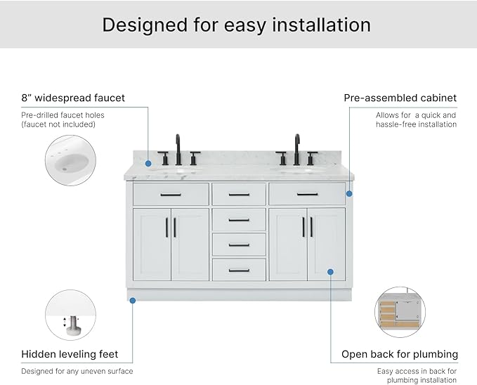ARIEL Hepburn 60-inch Bathroom Vanity with Sink,Solid Wood, 1.5-inch Italian Carrara Marble Countertop & Backsplash, Double Oval Porcelain Sink, 4 Soft Closing Doors, 6 Dovetail Drawers, Grey