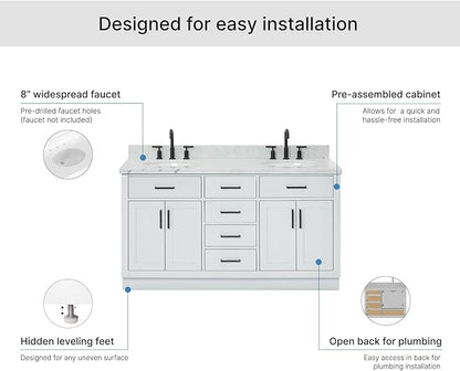 ARIEL Hepburn 60-inch Bathroom Vanity with Sink,Solid Wood, 1.5-inch Italian Carrara Marble Countertop & Backsplash, Double Oval Porcelain Sink, 4 Soft Closing Doors, 6 Dovetail Drawers, Grey