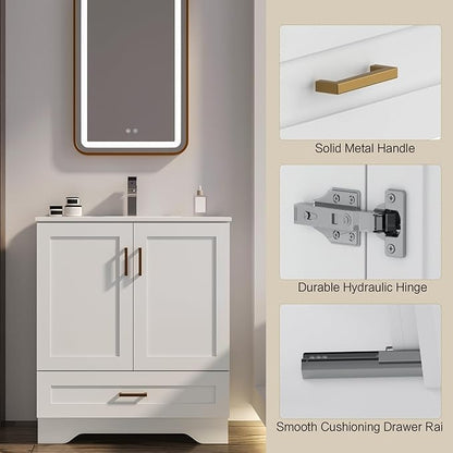 30 inch Bathroom Vanity with Sink, Modern White Vanity for Bathroom with Undermount Ceramic Sink, Freestanding 2-Door & 1-Drawer Storage Cabinet, for Small Bathroom Space, (White, 30")