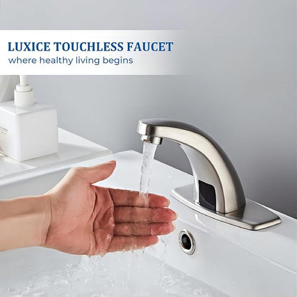 Luxice Brushed Nickel Touchless Bathroom Sink Faucet, Battery Operated Automatic Motion Sensor Hands Free Commercial Faucets with Hot & Cold Temperature Mixing Valve