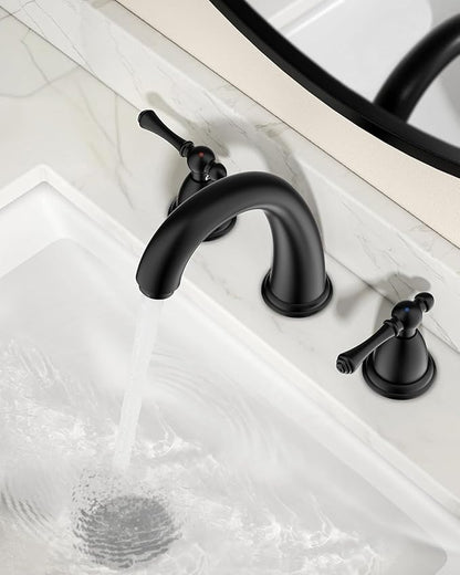 FORIOUS Black Bathroom Sink Faucet 8 Inch, Widespread Bathroom Faucet 3 Hole with Pop Up Drain and Water Hose Supply, 2 Lever Handle Design,for Vanity RV Farmhouse Sink