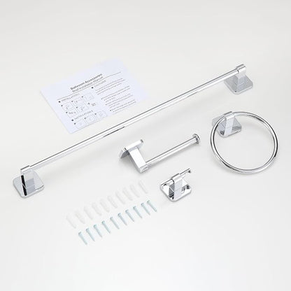 Bathroom Accessories Set, 4 Pieces Bathroom Hardware Set, 24 inch Towel Bar, Towel Racks, Robe Towel Hooks, Toilet Paper Holder Wall Mounted Or Self-Adhesive,Stainless Steel and Plastic (Chrome)