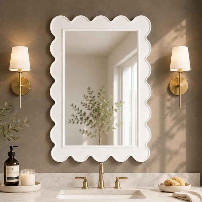 CAALMA Scalloped Wall Mirror 24 x 36 Rectangular, Bathroom Mirror, Mirrors for wall Decor, Wooden Frame Mirrors for wall, Decorative Vanity Mirror, Nursery Decor, Entryway Mirror (White)