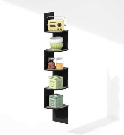 Furinno Rossi 5-Tier Floating Corner Shelf for Wall, Corner Zigzag Shelf Wall Mounted, Radial Wall Mount Shelves, for Home Office, Living Room, Bedroom, Bathroom, French Oak